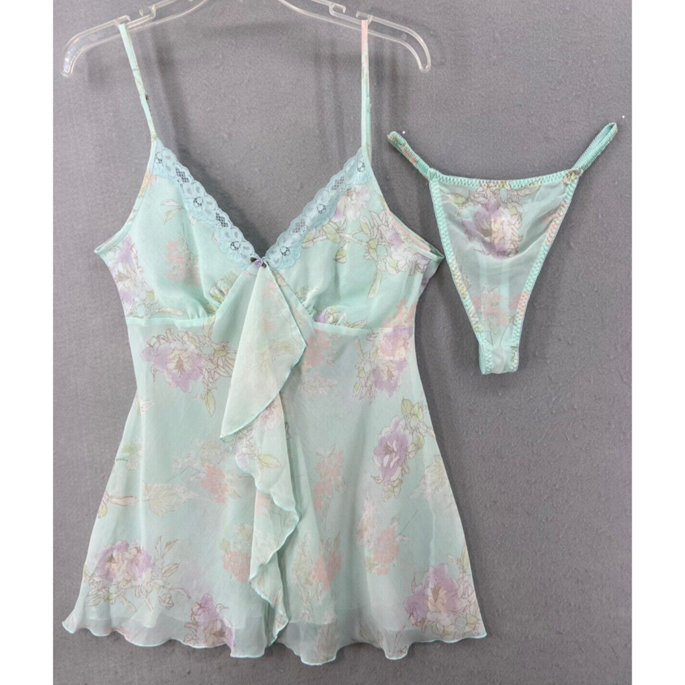 NWT California Dynasty Lingerie Sz L Teddy Thong Set Floral Green Fairy Romantic